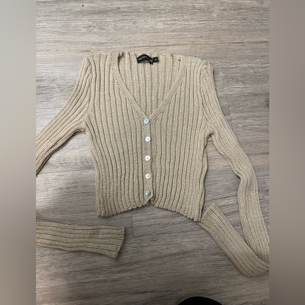 PLT TAN KNITTED CROPPED CARDIGAN S